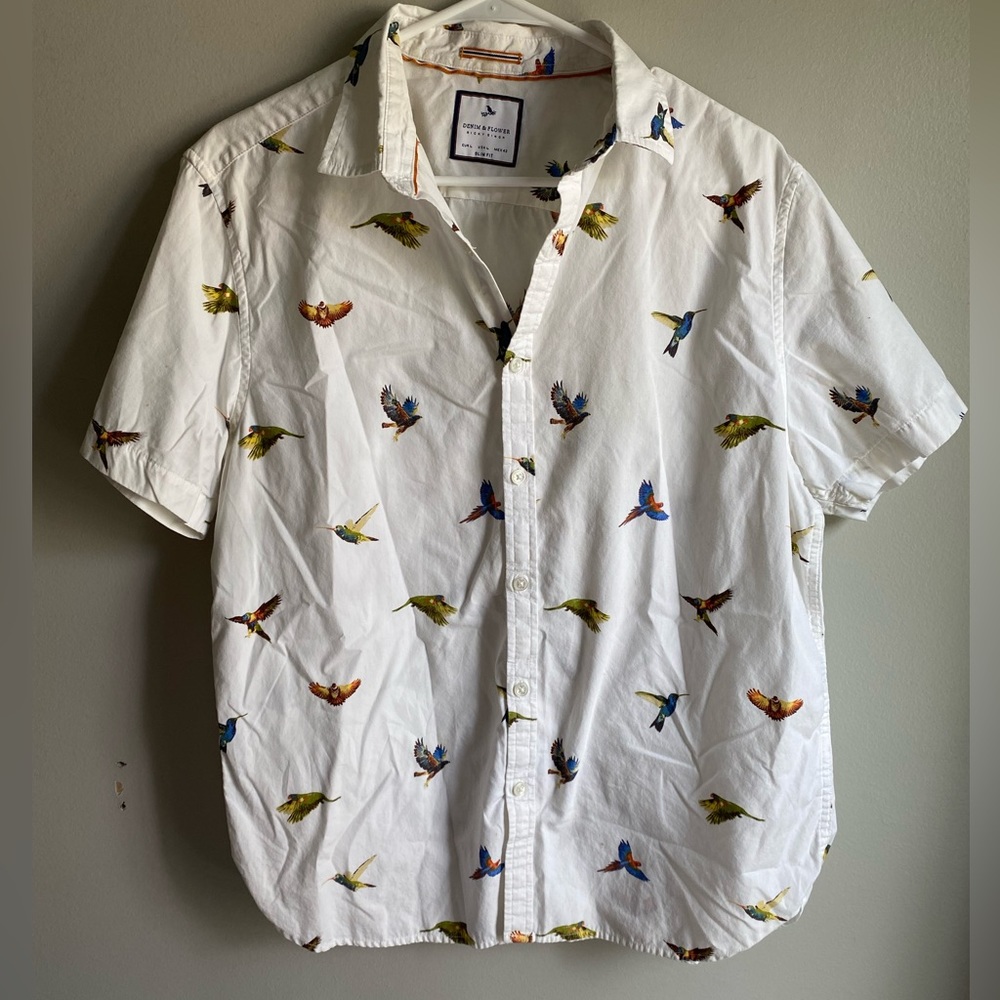 Denim And Flower Bird Short Sleeve Shirt Size L